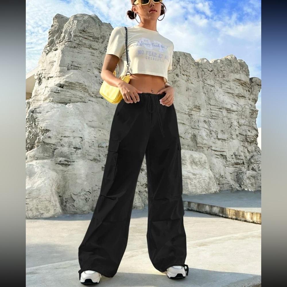 EZwear Flap Pocket Side Drawstring Waist Cargo Pants